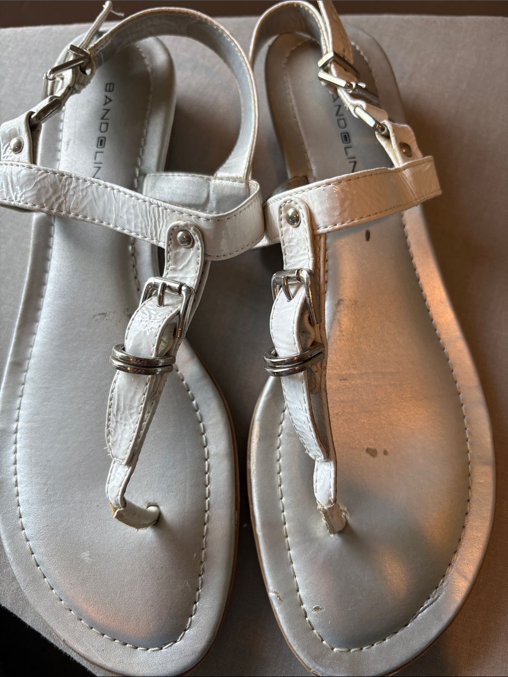 Bandolino White T-Strap Gladiator Sandals with Silver Hardware